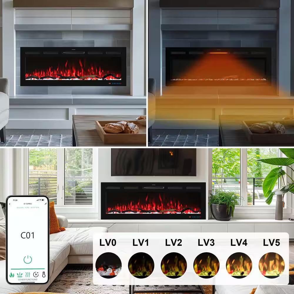 65 In. Wi-Fi Electric Fireplace Inserts, 13 Flame & Fuel Bed Colors, 5 Adjustable Brightness, Timer, Thermostat, Black