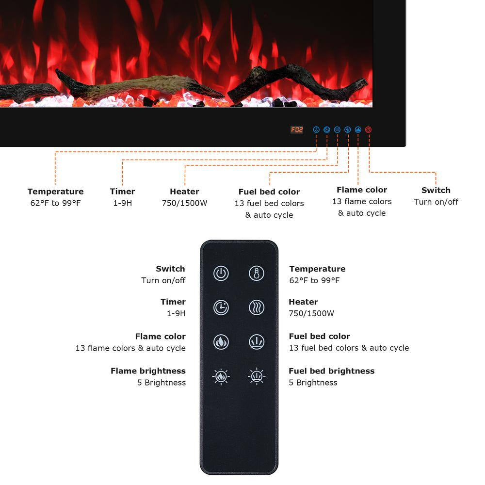 65 In. Wi-Fi Electric Fireplace Inserts, 13 Flame & Fuel Bed Colors, 5 Adjustable Brightness, Timer, Thermostat, Black