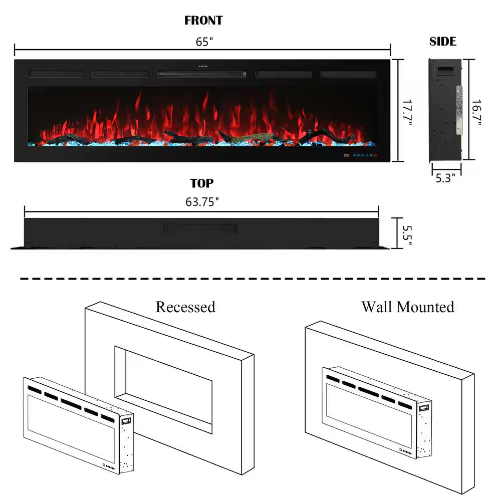 65 In. Wi-Fi Electric Fireplace Inserts, 13 Flame & Fuel Bed Colors, 5 Adjustable Brightness, Timer, Thermostat, Black