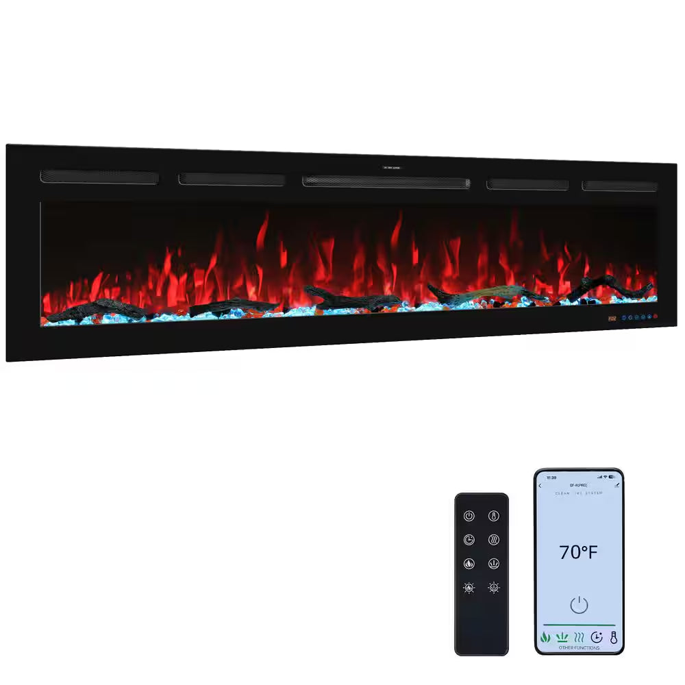 65 In. Wi-Fi Electric Fireplace Inserts, 13 Flame & Fuel Bed Colors, 5 Adjustable Brightness, Timer, Thermostat, Black