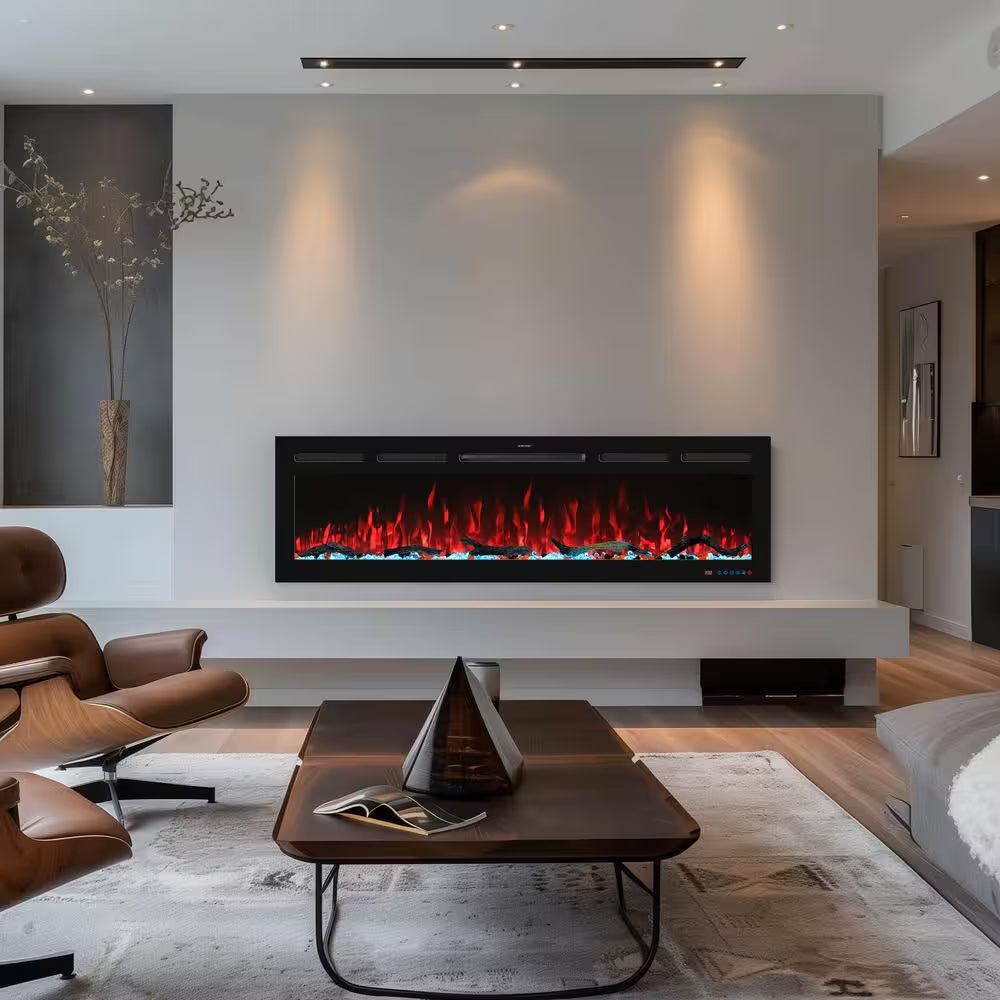 65 In. Wi-Fi Electric Fireplace Inserts, 13 Flame & Fuel Bed Colors, 5 Adjustable Brightness, Timer, Thermostat, Black